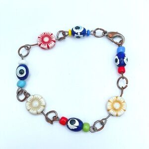 Handmade Copper-Tone Multicolor Evil Eye Flower Glass Beads Lobster Bracelet